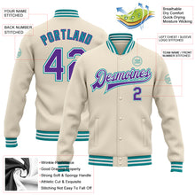 Load image into Gallery viewer, Custom Cream Purple-Teal Bomber Full-Snap Varsity Letterman Jacket
