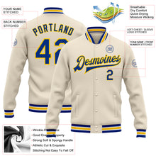 Load image into Gallery viewer, Custom Cream Royal-Yellow Bomber Full-Snap Varsity Letterman Jacket
