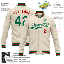 Load image into Gallery viewer, Custom Cream Kelly Green-Red Bomber Full-Snap Varsity Letterman Jacket
