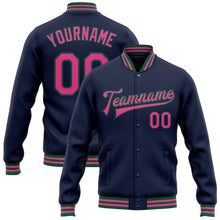 Load image into Gallery viewer, Custom Navy Pink-Kelly Green Bomber Full-Snap Varsity Letterman Jacket

