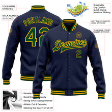 Load image into Gallery viewer, Custom Navy Green-Gold Bomber Full-Snap Varsity Letterman Jacket
