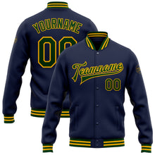 Load image into Gallery viewer, Custom Navy Green-Gold Bomber Full-Snap Varsity Letterman Jacket
