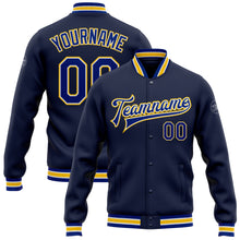 Load image into Gallery viewer, Custom Navy Royal-Yellow Bomber Full-Snap Varsity Letterman Jacket
