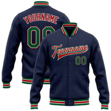 Load image into Gallery viewer, Custom Navy Kelly Green-Red Bomber Full-Snap Varsity Letterman Jacket
