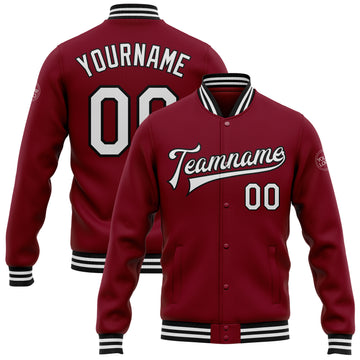 Custom Crimson White-Black Bomber Full-Snap Varsity Letterman Jacket