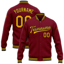 Load image into Gallery viewer, Custom Crimson Gold-Black Bomber Full-Snap Varsity Letterman Jacket
