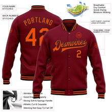 Load image into Gallery viewer, Custom Crimson Orange-Black Bomber Full-Snap Varsity Letterman Jacket
