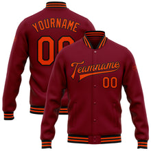 Load image into Gallery viewer, Custom Crimson Orange-Black Bomber Full-Snap Varsity Letterman Jacket
