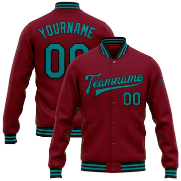 Custom Crimson Teal-Black Bomber Full-Snap Varsity Letterman Jacket