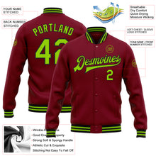Load image into Gallery viewer, Custom Crimson Neon Green-Black Bomber Full-Snap Varsity Letterman Jacket
