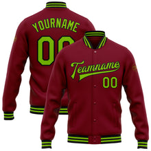 Load image into Gallery viewer, Custom Crimson Neon Green-Black Bomber Full-Snap Varsity Letterman Jacket
