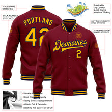 Load image into Gallery viewer, Custom Crimson Gold-Navy Bomber Full-Snap Varsity Letterman Jacket
