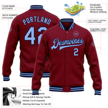 Load image into Gallery viewer, Custom Crimson Light Blue-Navy Bomber Full-Snap Varsity Letterman Jacket

