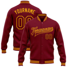Load image into Gallery viewer, Custom Crimson Gold Bomber Full-Snap Varsity Letterman Jacket
