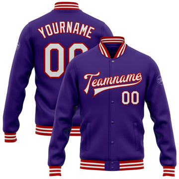 Custom Purple White-Red Bomber Full-Snap Varsity Letterman Jacket