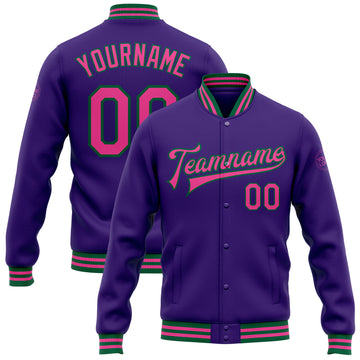 Custom Purple Pink-Kelly Green Bomber Full-Snap Varsity Letterman Jacket