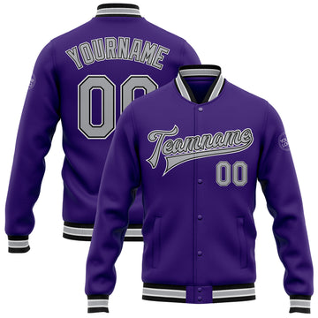 Custom Purple Gray-Black Bomber Full-Snap Varsity Letterman Jacket