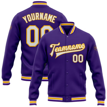 Custom Purple White-Gold Bomber Full-Snap Varsity Letterman Jacket