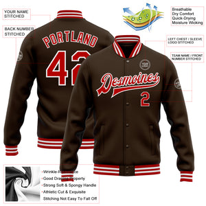 Custom Brown Red-White Bomber Full-Snap Varsity Letterman Jacket