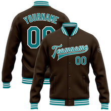 Load image into Gallery viewer, Custom Brown Teal-White Bomber Full-Snap Varsity Letterman Jacket
