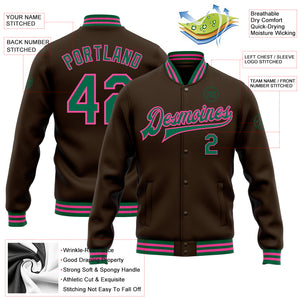 Custom Brown Kelly Green-Pink Bomber Full-Snap Varsity Letterman Jacket