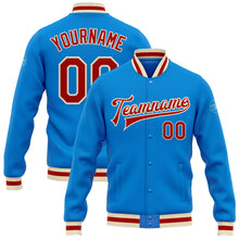 Load image into Gallery viewer, Custom Powder Blue Red-Cream Bomber Full-Snap Varsity Letterman Jacket
