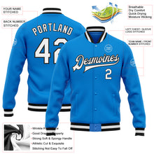 Load image into Gallery viewer, Custom Powder Blue White-Black Bomber Full-Snap Varsity Letterman Jacket
