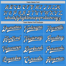 Load image into Gallery viewer, Custom Powder Blue White-Black Bomber Full-Snap Varsity Letterman Jacket
