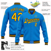 Load image into Gallery viewer, Custom Powder Blue Gold-Black Bomber Full-Snap Varsity Letterman Jacket
