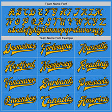 Load image into Gallery viewer, Custom Powder Blue Gold-Black Bomber Full-Snap Varsity Letterman Jacket
