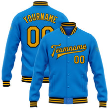 Load image into Gallery viewer, Custom Powder Blue Gold-Black Bomber Full-Snap Varsity Letterman Jacket
