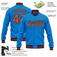 Load image into Gallery viewer, Custom Powder Blue Orange-Black Bomber Full-Snap Varsity Letterman Jacket
