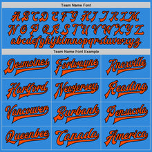 Load image into Gallery viewer, Custom Powder Blue Orange-Black Bomber Full-Snap Varsity Letterman Jacket
