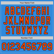 Load image into Gallery viewer, Custom Powder Blue Orange-Black Bomber Full-Snap Varsity Letterman Jacket
