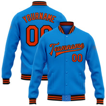 Load image into Gallery viewer, Custom Powder Blue Orange-Black Bomber Full-Snap Varsity Letterman Jacket
