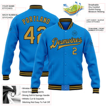 Load image into Gallery viewer, Custom Powder Blue Old Gold-Black Bomber Full-Snap Varsity Letterman Jacket
