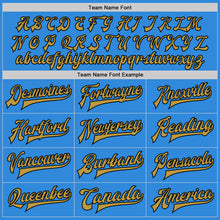 Load image into Gallery viewer, Custom Powder Blue Old Gold-Black Bomber Full-Snap Varsity Letterman Jacket
