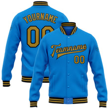 Load image into Gallery viewer, Custom Powder Blue Old Gold-Black Bomber Full-Snap Varsity Letterman Jacket
