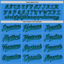 Load image into Gallery viewer, Custom Powder Blue Teal-Black Bomber Full-Snap Varsity Letterman Jacket
