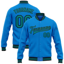 Load image into Gallery viewer, Custom Powder Blue Teal-Black Bomber Full-Snap Varsity Letterman Jacket
