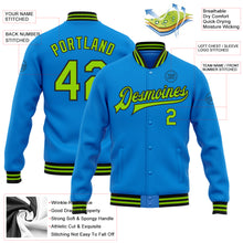 Load image into Gallery viewer, Custom Powder Blue Neon Green-Black Bomber Full-Snap Varsity Letterman Jacket
