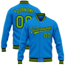 Load image into Gallery viewer, Custom Powder Blue Neon Green-Black Bomber Full-Snap Varsity Letterman Jacket
