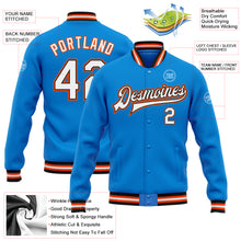 Load image into Gallery viewer, Custom Powder Blue White Black-Orange Bomber Full-Snap Varsity Letterman Jacket
