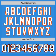 Load image into Gallery viewer, Custom Powder Blue White Black-Orange Bomber Full-Snap Varsity Letterman Jacket
