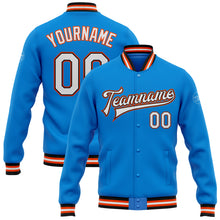 Load image into Gallery viewer, Custom Powder Blue White Black-Orange Bomber Full-Snap Varsity Letterman Jacket
