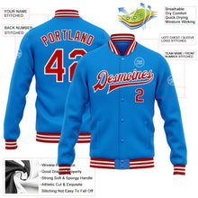 Load image into Gallery viewer, Custom Powder Blue Red-White Bomber Full-Snap Varsity Letterman Jacket
