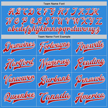 Load image into Gallery viewer, Custom Powder Blue Red-White Bomber Full-Snap Varsity Letterman Jacket
