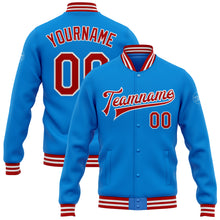 Load image into Gallery viewer, Custom Powder Blue Red-White Bomber Full-Snap Varsity Letterman Jacket
