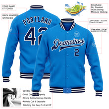 Load image into Gallery viewer, Custom Powder Blue Navy-White Bomber Full-Snap Varsity Letterman Jacket
