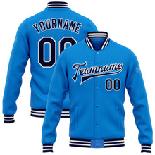 Load image into Gallery viewer, Custom Powder Blue Navy-White Bomber Full-Snap Varsity Letterman Jacket
